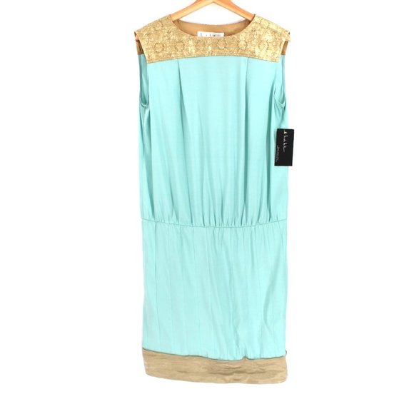 Nicole Miller Silk Embroidered Dress Teal Gold Sleeveless Bateau Neck Size S - Picture 8 of 8